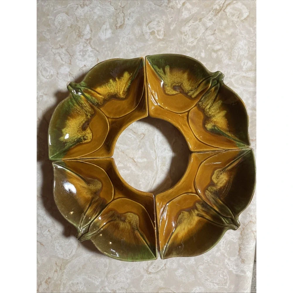 Vintage MCM ceramic lazy susan relish dish set leaf‎ or acorn green brown glaze